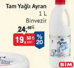 BİNVEZİR TAM YAĞLI AYRAN 1 L